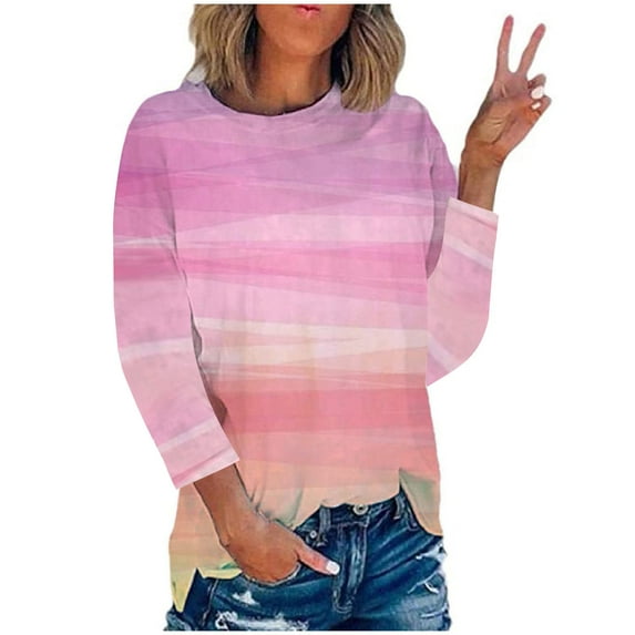 IROINNID Savings Polyester Long Sleeve T Shirt for Women Leisure Summer Round Neck Print Outing Blouses Tops,Pink