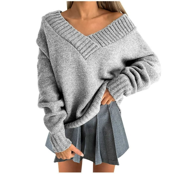 IROINNID Savings Pullover Sweater for Women Winter Casual Solid Color V-neck Long Sleeve Knitted Loose Sweater Top,Gray