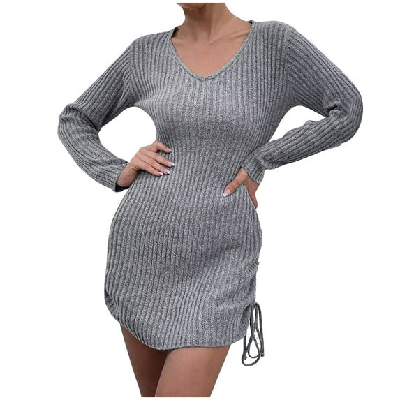 IROINNID Savings Semi Formal Dress for Women Long Sleeve Mini Dress U-neck Drawstring Sweater Dress,Gray