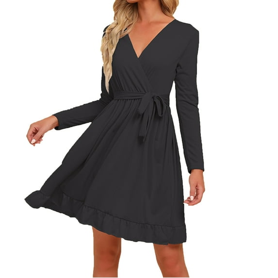 IROINNID Savings Semi Formal Dress for Women Long Sleeve Wrap Dress Versatile Collar Solid Color Tight Fitting Cutout Dress,Black