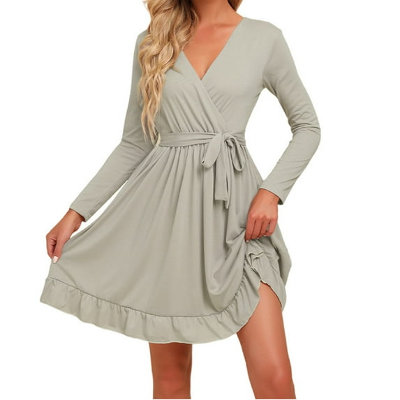 IROINNID Savings Semi Formal Dress for Women Long Sleeve Wrap Dress Versatile Collar Solid Color Tight Fitting Cutout Dress,Khaki