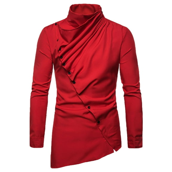 IROINNID Shirts for Men Long Sleeve High Neck Solid Winter Irregular Top,Red