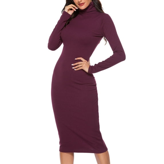IROINNID Sweater Dress for Women Long Sleeve Dress Knee-Length Sweater Dress Long-sleeve Solid Color Priming High-Necked Dress Slim,Burgundy
