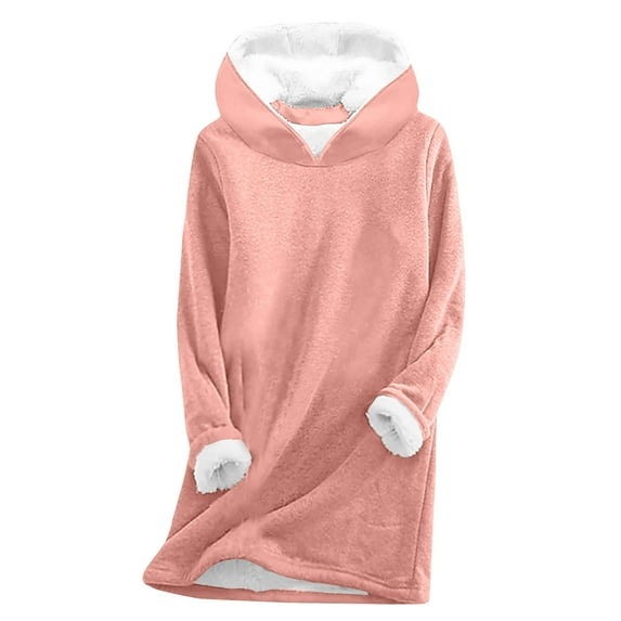IROINNID Tunic Hoodie for Women Winter Warm Long Plush Sweatshirt Thickened Thermal Hooded Pullover Long Sleeve Solid Basic Tops,Pink