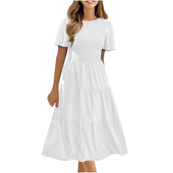 IROINNID Wedding Guest Dresses for Women Evening Night Formal Fall Dress Summer Short Sleeve Round Neck Solid Color Pleated Dress Trendy A-Line Dress,White