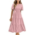 thumbnail image 1 of IROINNID Savings Wedding Guest Dresses for Women Evening Night Formal Fall Dress Sexy Summer Short Sleeve Round Neck Solid Color Pleated Dress Trendy A-Line Dress,Pink, 1 of 6