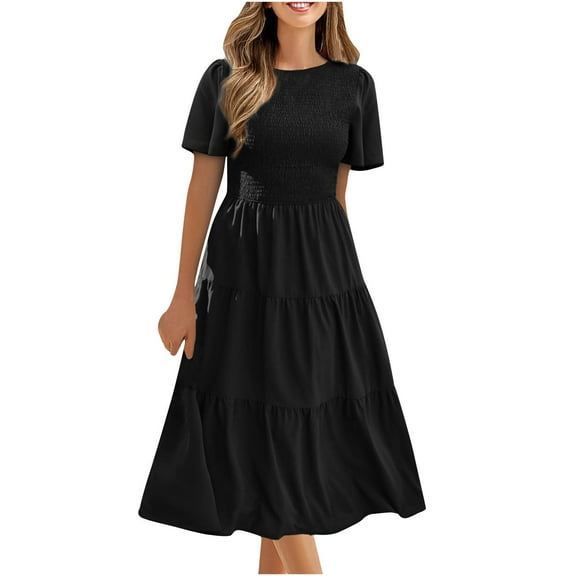IROINNID Wedding Guest Dresses for Women Evening Night Formal Fall Dress Summer Short Sleeve Round Neck Solid Color Pleated Dress Trendy A-Line Dress,Black