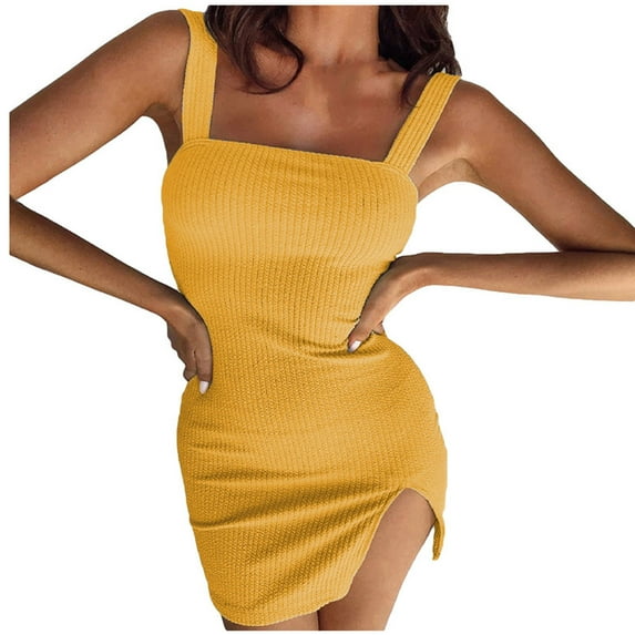 IROINNID Wedding Guest Dresses for Women Evening Night Party Dress Causal Summer Solid Color Sleeveless Backless Mini Dress Trendy Formal Dress,Yellow
