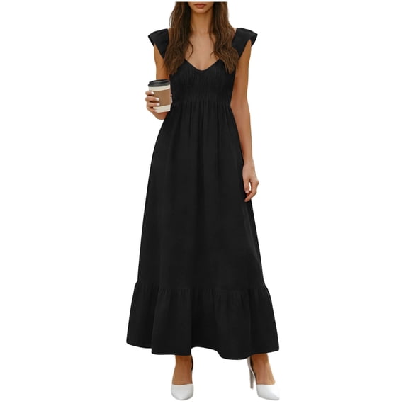 IROINNID Wedding Guest Dresses for Women Fashion Casual Comfortable Sleeveless V-Neck Fold Solid Dress