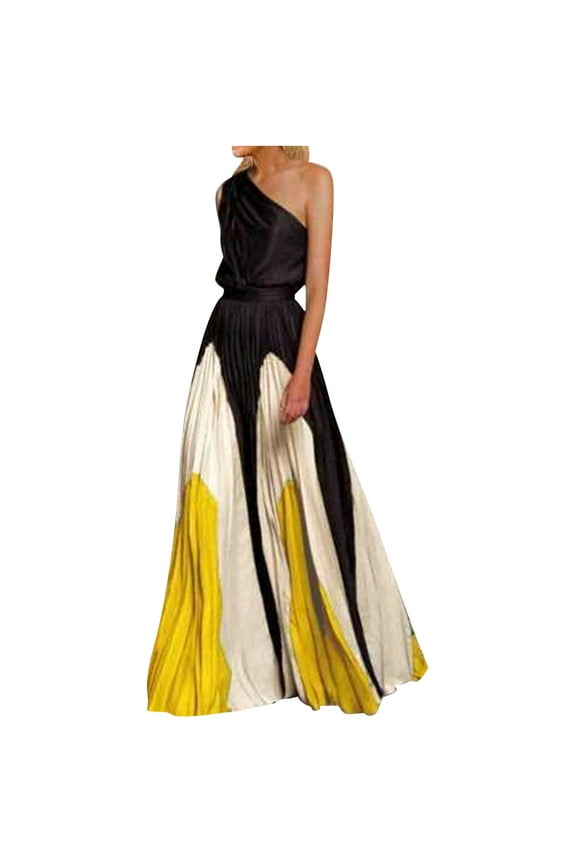 Wedding Guest Dresses for Women Homecoming Party Collar Color Contrast Long Dress With Patchwork Off Shoulder Printed Dress Elegant Formal Dress,Yellow