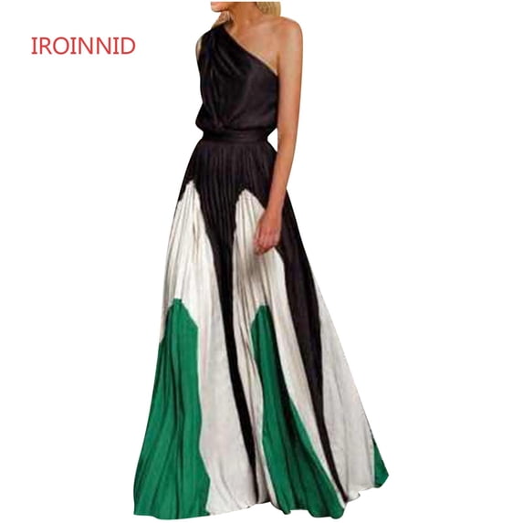 IROINNID Wedding Guest Dresses for Women Homecoming Party Collar Color Contrast Long Dress With Patchwork Off Shoulder Printed Dress Elegant Formal Dress,White