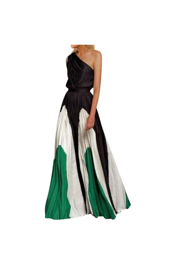 Wedding Guest Dresses for Women Homecoming Party Collar Color Contrast Long Dress With Patchwork Off Shoulder Printed Dress Elegant Formal Dress,White