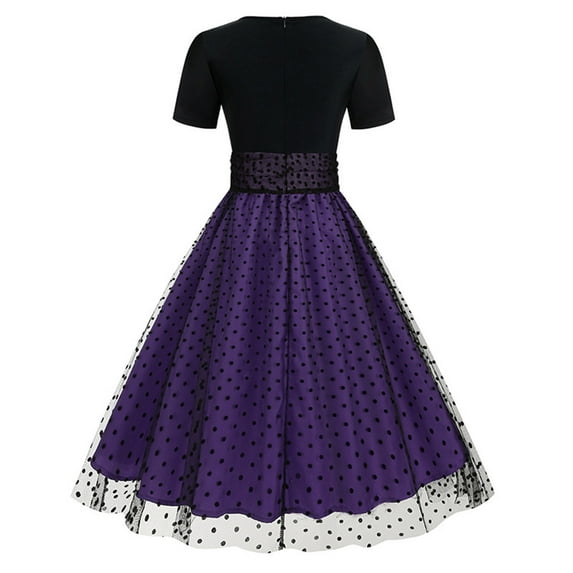 IROINNID Wedding Guest Dresses for Women Semi Formal Evening Night Casual Homecoming Dress Summer Round Neck Short Sleeved Polka Patchwork Vintage Dress Elegant A-Line Dress,Purple