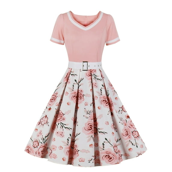 IROINNID Wedding Guest Dresses for Women Semi Formal Evening Night Casual Homecoming Dress Vintage Print Hem Dress Trendy A-Line Dress,Pink