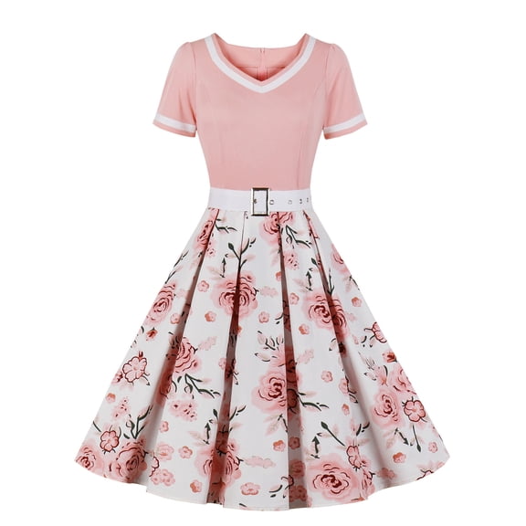 IROINNID Wedding Guest Dresses for Women Semi Formal Evening Night Casual Homecoming Dress Vintage Print Hem Dress Trendy A-Line Dress,Pink