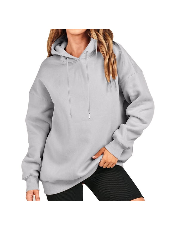 Women's Fall Tops Long Sleeve Fall And Winter Solid Color Hooded Sweatshirt Loose Fit Casual Basic Hoodie,Gray
