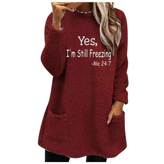IROINNID Savings Women's Fall Tops Long Sleeve Round Neck Winter Warm Shearling Pullover Loose Fit Letter Print Tops with Pocket,Red