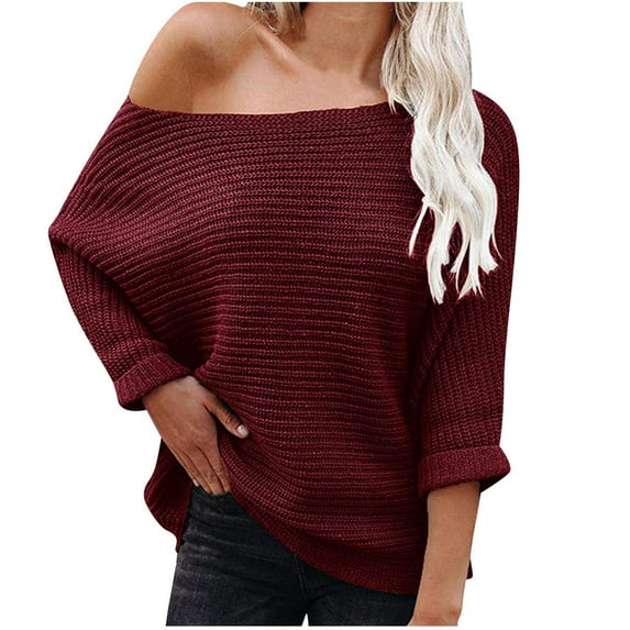 IROINNID Savings Women's Knitwear Fleece Pullover Off-the-Shoulder Long Sleeve Sweater Loose Solid All-match Tops,Burgundy