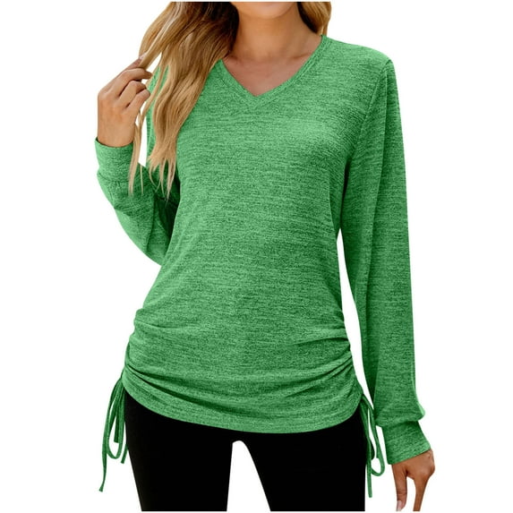 IROINNID Women's Long Sleeve V-Neck Shirts Leisure Autumn/Winter Solid Color Long Sleeve V-Neck Draw-Pleated Loose T-Shirt Top Long Sleeve V-Neck Top/Shirt,Green