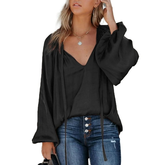 IROINNID Savings Women's Long Sleeve V-Neck Shirts Leisure New Solid Satin Silk Long Sleeve Loose V-Neck Lace Up Shirt Tops,Black