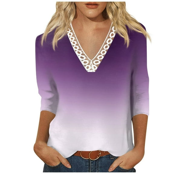 IROINNID Women's Long Sleeve V-Neck Shirts Leisure Printed Loose T-shirt 3/4 Sleeves Blouse Lace V-Neck Tops,White