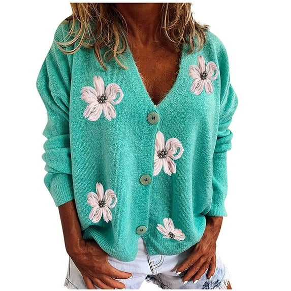 IROINNID Savings Womens Cardigans Long Sleeve Buttons Long Sleeve Floral Coat Cardigan Sweater,Green
