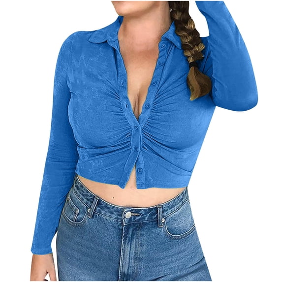 IROINNID Savings Womens Cardigans Long Sleeve Sexy Solid Long Sleeve Short Turn-down Collar Blouse,Blue