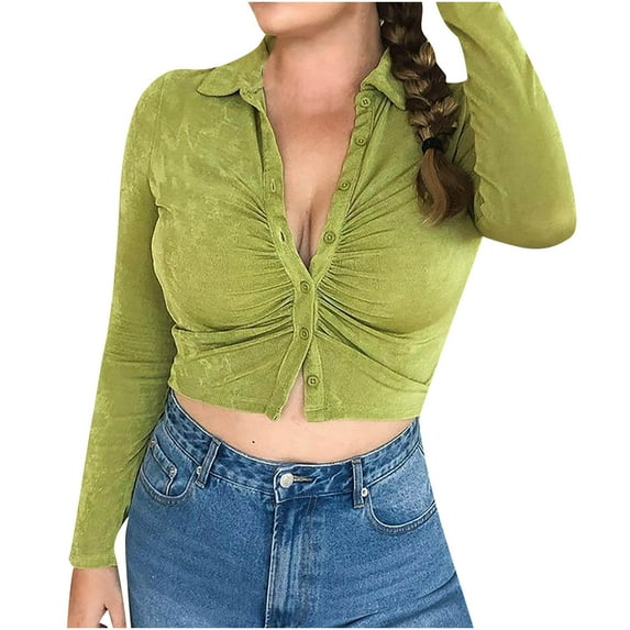 IROINNID Savings Womens Cardigans Long Sleeve Sexy Solid Long Sleeve Short Turn-down Collar Blouse,Green