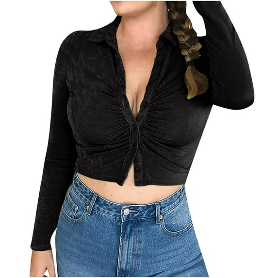 IROINNID Womens Cardigans Long Sleeve Solid Long Sleeve Short Turn-down Collar Blouse,Black