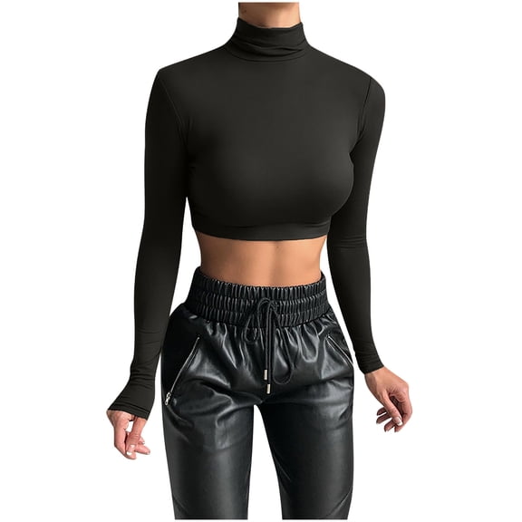 IROINNID Womens Long Sleeve Crop Tops Tops High Neck Solid Color Short Navel Exposed Slim T-Shirt,Black