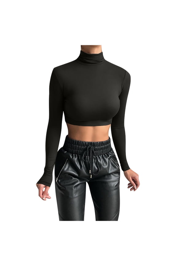 Womens Long Sleeve Crop Tops Tops High Neck Solid Color Short Navel Exposed Slim T-Shirt,Black