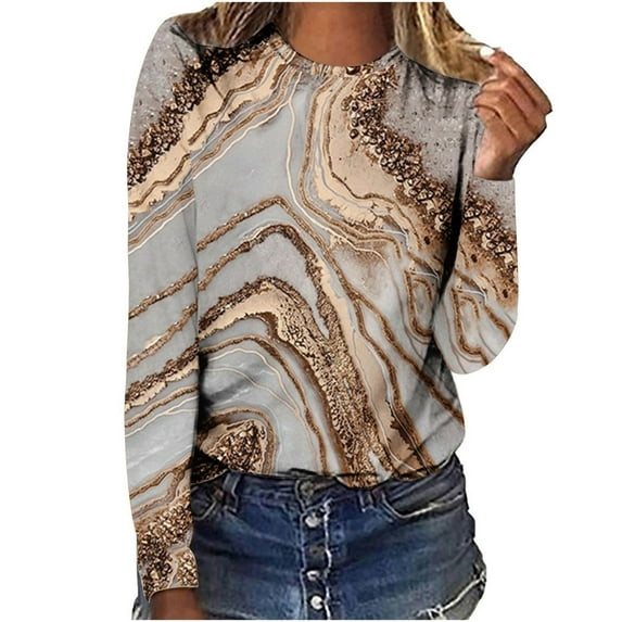 IROINNID Savings Womens Long Sleeve Tops Lounge Round Neck Printed Top T-Shirt Blouse,Khaki