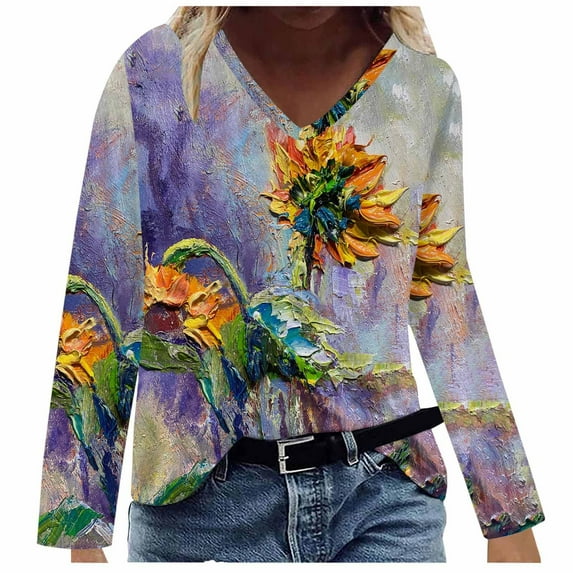IROINNID Savings Womens Long Sleeve V-Neck Shirts Plus Size Lounge Loose Printed Tops Blouse,Beige