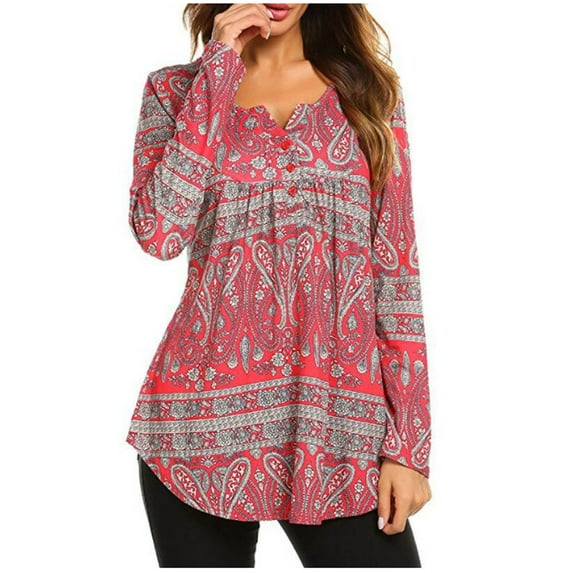 IROINNID Savings Womens Long Sleeve V-Neck Shirts Printed Lounge Loose T-Shirt Blouse Tops,Red