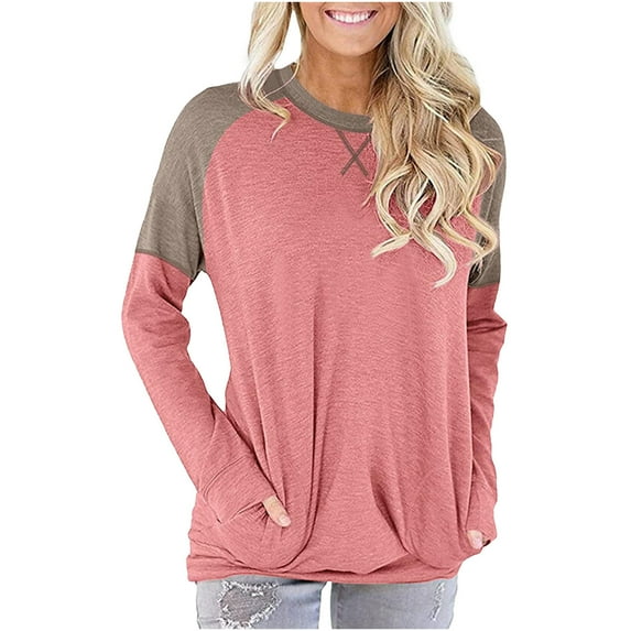 IROINNID Womens Plus Size Tops Long Sleeve Workout Tops for Women Patchwork Pockets Round Neck Pullover Blouse T-shirt,Pink