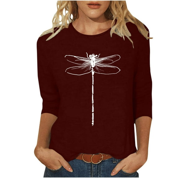 IROINNID Savings Womens Plus Size Tops Printed Loose T-shirt Mid-length 3/4 Sleeves Blouse Round Neck Comfy Lounge Tops,Burgundy
