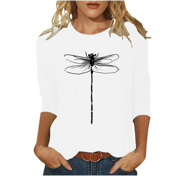 IROINNID Savings Womens Plus Size Tops Printed Loose T-shirt Mid-length 3/4 Sleeves Blouse Round Neck Comfy Lounge Tops,White