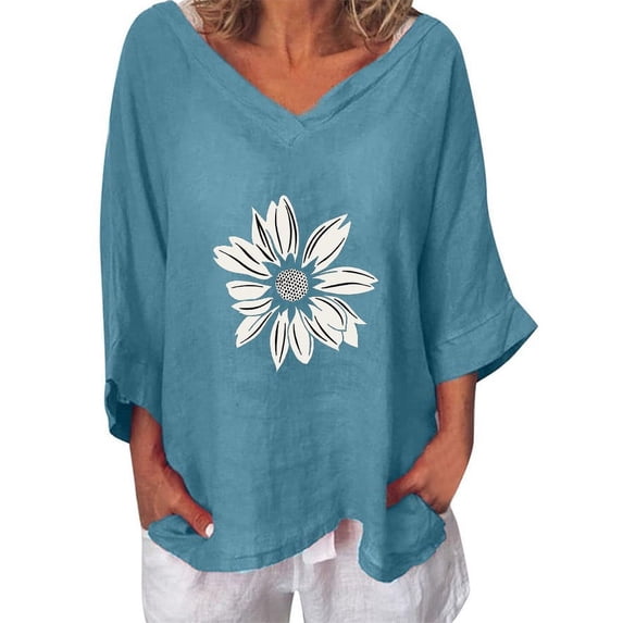 IROINNID Savings Womens Plus Size Tops Printed T-shirt Cotton Hemp 3/4 Sleeves Blouse Round Neck Lounge Tops,Blue