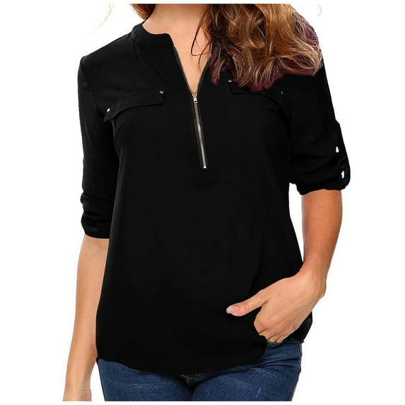 IROINNID Savings Womens Plus Size Tops Summer Long Sleeve Shirts Zip Lounge Tunic V-Neck Casual Blouse Tops,Black