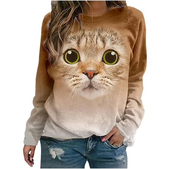 IROINNID Savings Womens Winter Clothes Pullover Hoodies Lounge Round Neck Cat Print Lounge Long Sleeve T-Shirt,Gold