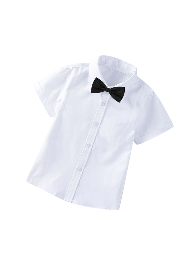 School Uniform Toddler Boys Short Sleeve Blouse Solid Color Gentleman's School Uniform Shirt Bow Tie Suit,Beige