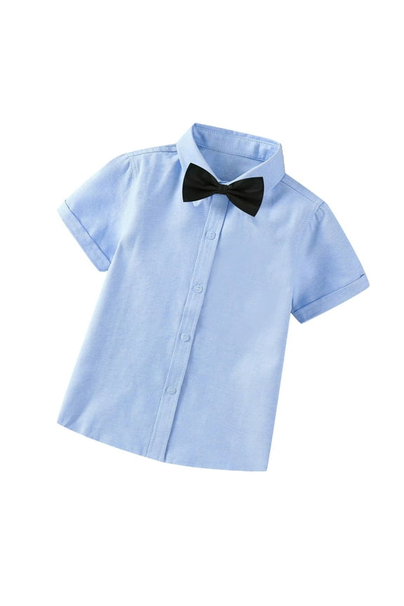 School Uniform Toddler Boys Short Sleeve Blouse Solid Color Gentleman's School Uniform Shirt Bow Tie Suit,Blue