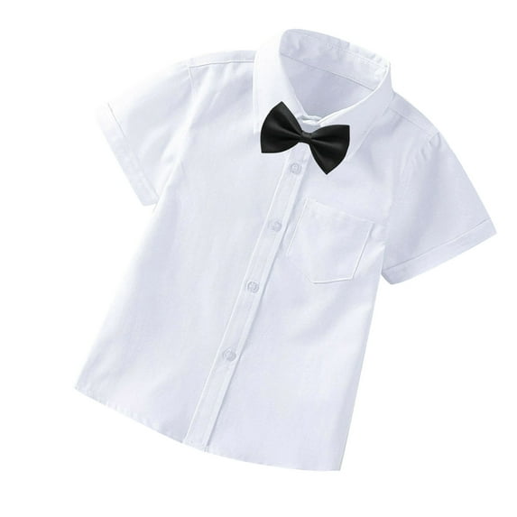 IROINNID School Uniform Toddler Boys Short Sleeve Blouse Solid Color Gentleman's School Uniform Shirt Bow Tie Suit,White