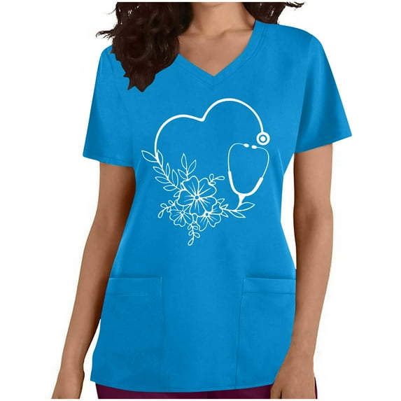 IROINNID Scrub Top for Women Printed Short Sleeve V-Neck Workwear with Pocket Casual Tops,Sky Blue