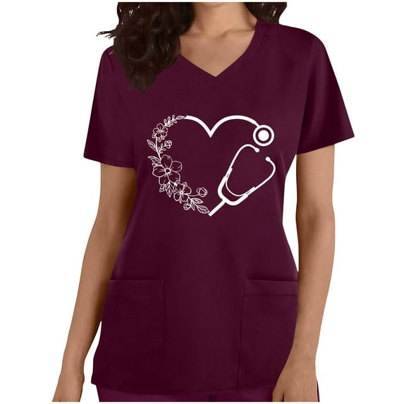 IROINNID Scrub Top for Women Printed Short Sleeve V-Neck Workwear with Pocket Casual Tops,Wine