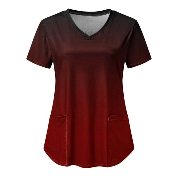 IROINNID Scrub Top for Women V-Neck Tops Working Uniform Printing Shirts with Pocket,Wine