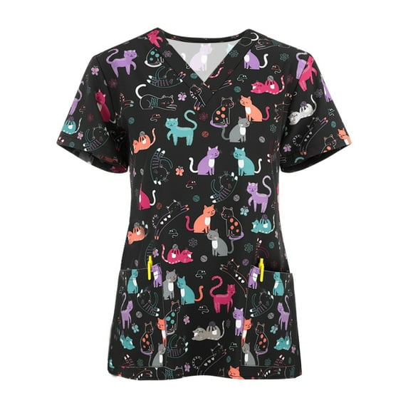 IROINNID Scrub Tops for Women Cute Cat Print V-Neck Tops Working Uniform T-Shirt with Pockets,Black