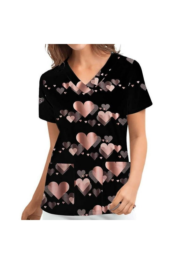 Scrub Tops for Women Cute Cat Print V-Neck Tops Working Uniform T-Shirt with Pockets,Black