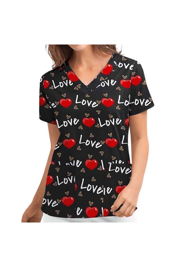 Scrub Tops for Women Cute Cat Print V-Neck Tops Working Uniform T-Shirt with Pockets,Red