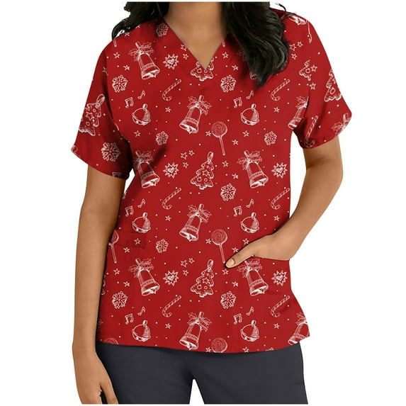 IROINNID Scrub Tops for Women Short Sleeve V-Neck Workwear Christmas Printing Tops With Pocket,Red A